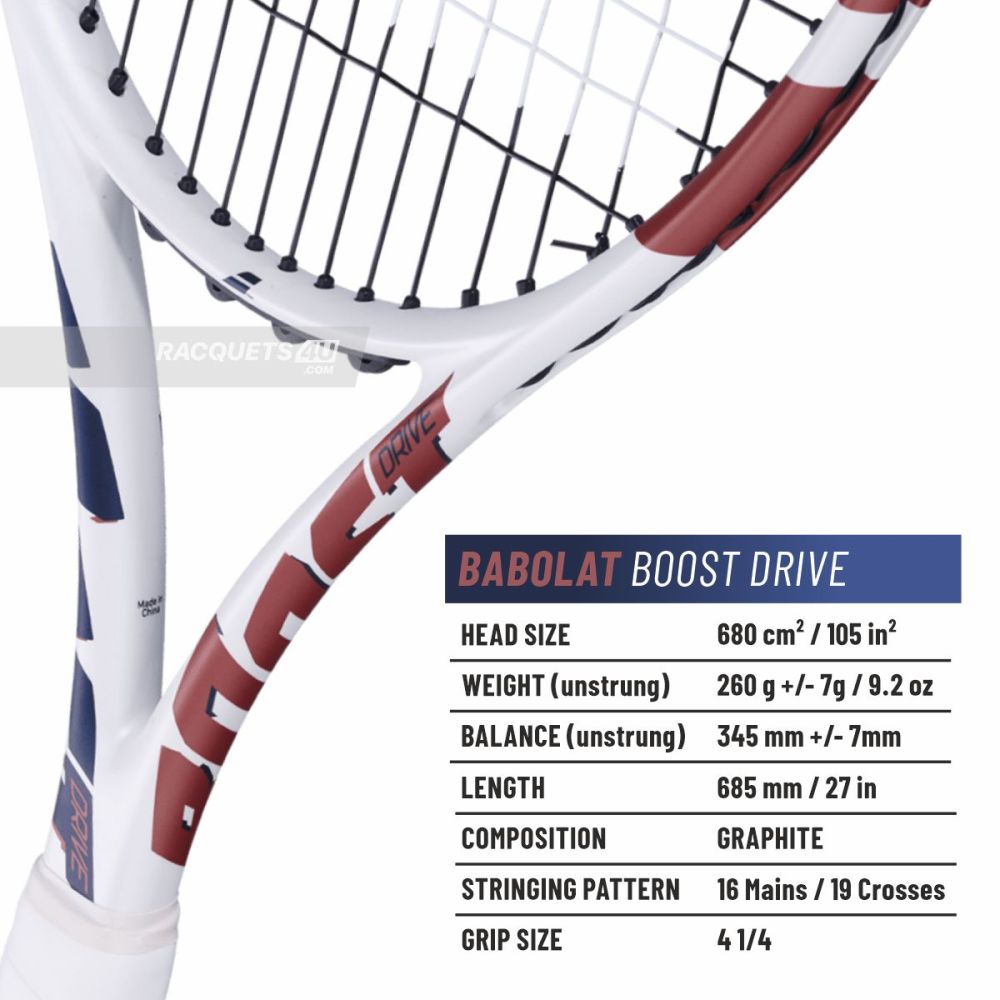 Raquette De Tennis Boost Drive - Graphite - Taille Grip 4 1/8 - Parfaite Pour Débutants - Blanche