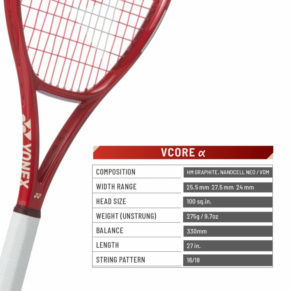 YONEX Vcore Alpha Tennis Racquet (Ruby Red, Strung)