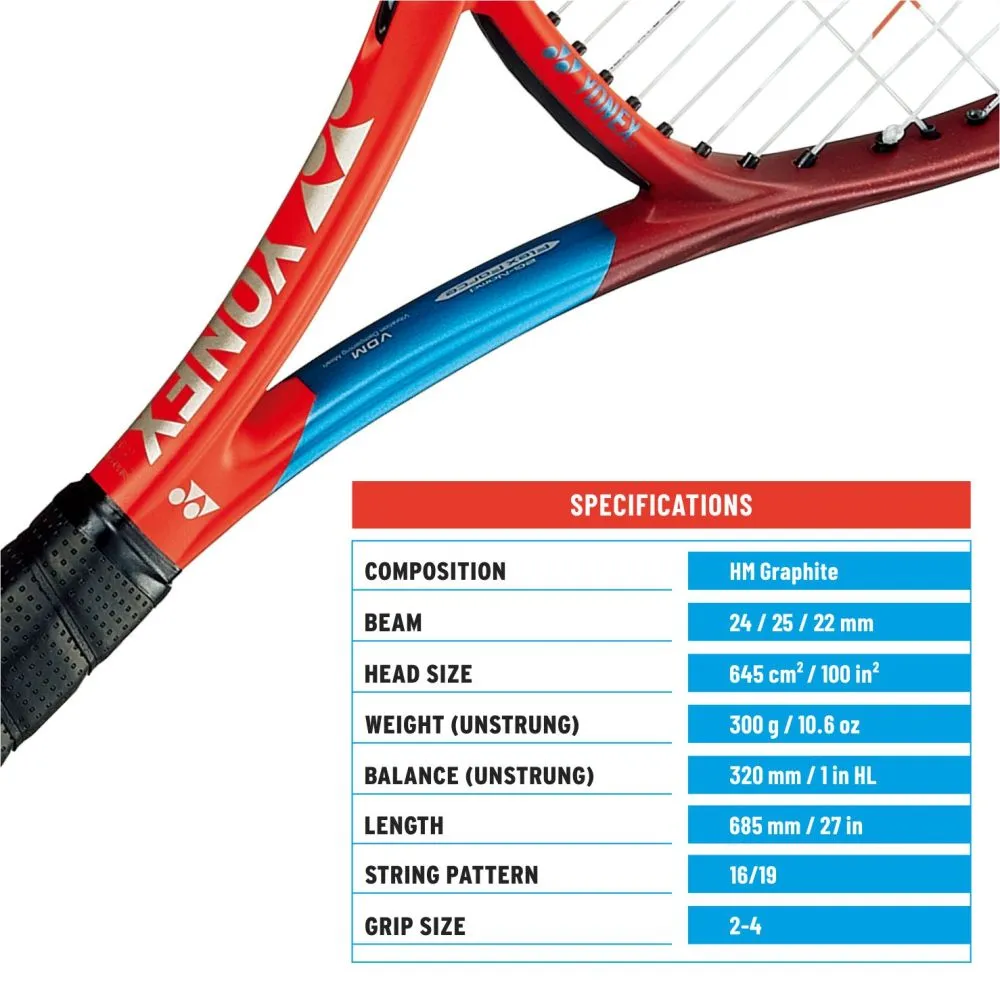 YONEX Vcore 100 Tennis Racquet (Unstrung, 300g Tango Red)