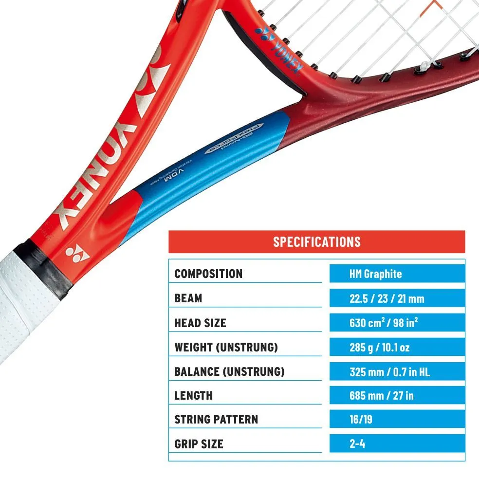 YONEX Vcore 98L Tennis Racquet (Unstrung, 285g Tango Red)