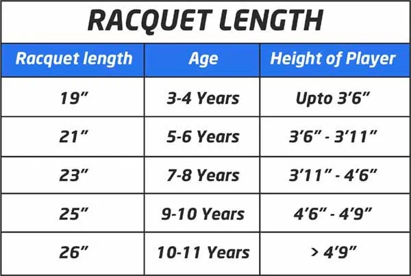 Tennis Racquet LENGTH Size Chart